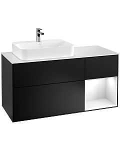 Villeroy und Boch Finion Villeroy und Boch F401GFPD 120cm, couvercle blanc mat, étagère à droite laqué blanc brillant, laqué noir mat