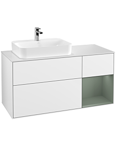 Villeroy und Boch Finion Waschtischunterschrank F401GMGF 120cm, Abdeckplatte white matt, Regal rechts Olive Matt Lacquer, Glossy white lacquer