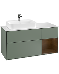 Villeroy und Boch Finion Waschtischunterschrank F401GNGM 120cm, Abdeckplatte white matt, Regal rechts Walnut veneer, Olive Matt Lacquer