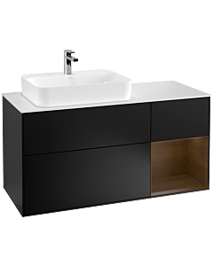 Villeroy und Boch Finion Waschtischunterschrank F401GNPD 120cm, Abdeckplatte white matt, Regal rechts Walnut veneer, Black matt lacquer