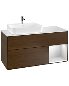 Villeroy und Boch Finion Waschtischunterschrank F401MTGN 120cm, Abdeckplatte white matt, Regal rechts White matt lacquer, Walnut veneer