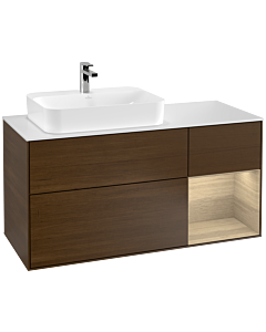 Villeroy und Boch Finion Waschtischunterschrank F401PCGN 120cm, Abdeckplatte white matt, Regal rechts Oak Veneer, Walnut veneer