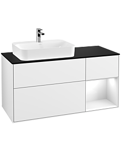 Villeroy und Boch Finion Villeroy und Boch F402GFGF 120cm, plaque de finition noire mate, étagère à droite Laque blanc brillant, Laque blanc brillant