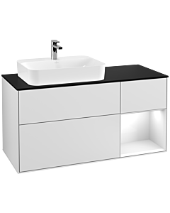 Villeroy und Boch Finion Waschtischunterschrank F402GFMT 120cm, Abdeckplatte black matt, Regal rechts Glossy white lacquer, White matt lacquer