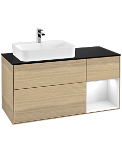 Villeroy und Boch Finion Villeroy und Boch F402GFPC 120cm, plaque de finition noir mat, étagère à droite Laque blanc brillant, Oak Veneer