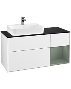 Villeroy und Boch Finion Waschtischunterschrank F402GMGF 120cm, Abdeckplatte black matt, Regal rechts Olive Matt Lacquer, Glossy white lacquer