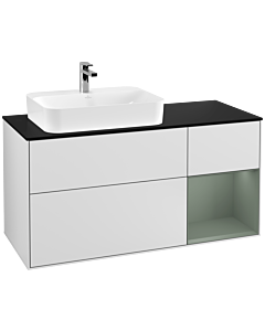 Villeroy und Boch Finion Waschtischunterschrank F402GMMT 120cm, Abdeckplatte black matt, Regal rechts Olive Matt Lacquer, White matt lacquer