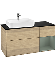 Villeroy und Boch Finion Waschtischunterschrank F402GMPC 120cm, Abdeckplatte black matt, Regal rechts Olive Matt Lacquer, Oak Veneer
