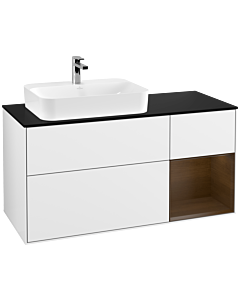 Villeroy und Boch Finion Waschtischunterschrank F402GNGF 120cm, Abdeckplatte black matt, Regal rechts Walnut veneer, Glossy white lacquer