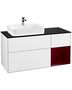 Villeroy und Boch Finion Waschtischunterschrank F402HBGF 120cm, Abdeckplatte black matt, Regal rechts Peony, Glossy white lacquer