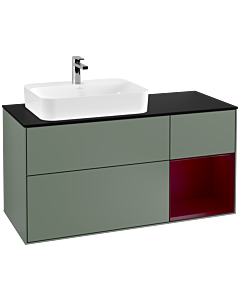 Villeroy und Boch Finion Waschtischunterschrank F402HBGM 120cm, Abdeckplatte black matt, Regal rechts Peony, Olive Matt Lacquer