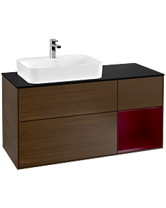 Villeroy und Boch Finion Waschtischunterschrank F402HBGN 120cm, Abdeckplatte black matt, Regal rechts Peony, Walnut veneer