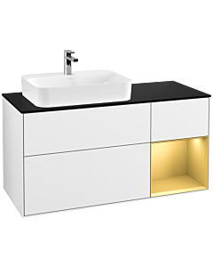 Villeroy und Boch Finion Waschtischunterschrank F402HFGF 120cm, Abdeckplatte black matt, Regal rechts Gold matt, Glossy white lacquer