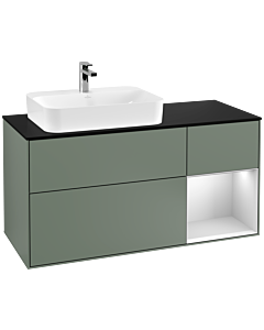 Villeroy und Boch Finion Waschtischunterschrank F402MTGM 120cm, Abdeckplatte black matt, Regal rechts White matt lacquer, Olive Matt Lacquer