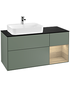 Villeroy und Boch Finion Waschtischunterschrank F402PCGM 120cm, Abdeckplatte black matt, Regal rechts Oak Veneer, Olive Matt Lacquer