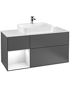 Villeroy und Boch Finion Waschtischunterschrank F411GFGK 120cm, Abdeckplatte white matt, Regal links Glossy white lacquer, Anthracite matt