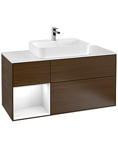 Villeroy und Boch Finion Waschtischunterschrank F411GFGN 120cm, Abdeckplatte white matt, Regal links Glossy white lacquer, Walnut veneer