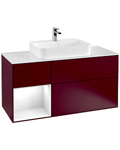 Villeroy und Boch Finion Waschtischunterschrank F411GFHB 120cm, Abdeckplatte white matt, Regal links Glossy white lacquer, Peony Matt