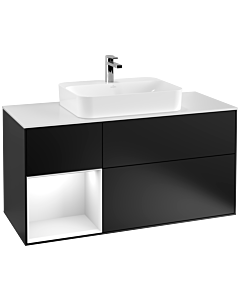 Villeroy und Boch Finion Villeroy und Boch F411GFPD 120cm, plaque de recouvrement blanc mat, étagère gauche laqué blanc brillant, laqué noir mat