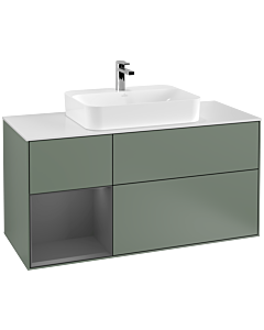 Villeroy und Boch Finion Waschtischunterschrank F411GKGM 120cm, Abdeckplatte white matt, Regal links Anthracite matt, Olive Matt Lacquer