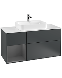 Villeroy und Boch Finion Waschtischunterschrank F411GKHG 120cm, Abdeckplatte white matt, Regal links Anthracite matt, Midnight Blue Matt Lacquer