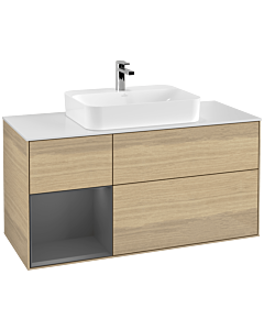 Villeroy und Boch Finion Villeroy und Boch F411GKPC 120cm, plaque de finition blanc mat, étagère gauche anthracite mat, Oak Veneer