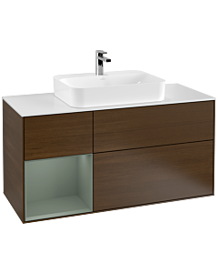 Villeroy und Boch Finion Waschtischunterschrank F411GMGN 120cm, Abdeckplatte white matt, Regal links Olive Matt Lacquer, Walnut veneer