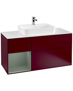 Villeroy und Boch Finion Waschtischunterschrank F411GMHB 120cm, Abdeckplatte white matt, Regal links Olive Matt Lacquer, Peony Matt