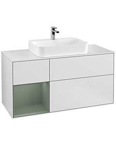Villeroy und Boch Finion Waschtischunterschrank F411GMMT 120cm, Abdeckplatte white matt, Regal links Olive Matt Lacquer, White matt lacquer