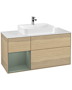 Villeroy und Boch Finion Villeroy und Boch F411GMPC 120cm, plaque de finition blanc mat, étagère à gauche Olive Matt Lacquer , Oak Veneer