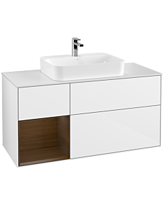 Villeroy und Boch Finion Villeroy und Boch F411GNGF 120cm, plaque de finition blanc mat, étagère gauche placage noyer, laqué blanc brillant