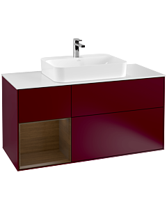 Villeroy und Boch Finion Waschtischunterschrank F411GNHB 120cm, Abdeckplatte white matt, Regal links Walnut veneer, Peony Matt