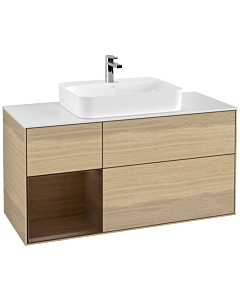 Villeroy und Boch Finion Waschtischunterschrank F411GNPC 120cm, Abdeckplatte white matt, Regal links Walnut veneer, Oak Veneer