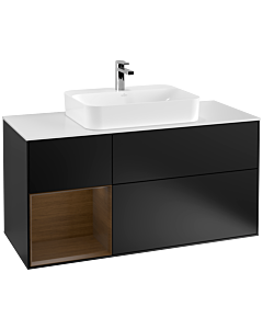 Villeroy und Boch Finion Waschtischunterschrank F411GNPD 120cm, Abdeckplatte white matt, Regal links Walnut veneer, Black matt lacquer