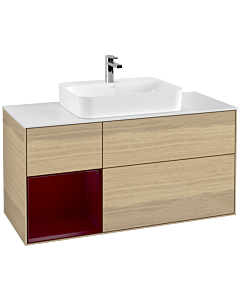 Villeroy und Boch Finion Waschtischunterschrank F411HBPC 120cm, Abdeckplatte white matt, Regal links Peony, Oak Veneer