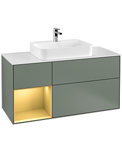 Villeroy und Boch Finion Villeroy und Boch F411HFGM 120cm, plaque de recouvrement blanc mat, étagère gauche or mat, Olive Matt Lacquer