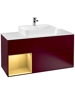 Villeroy und Boch Finion Waschtischunterschrank F411HFHB 120cm, Abdeckplatte white matt, Regal links Gold matt, Peony Matt