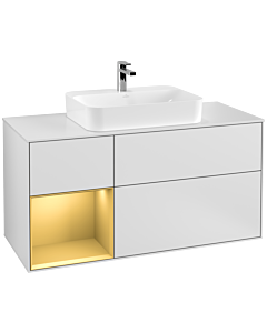Villeroy und Boch Finion Waschtischunterschrank F411HFMT 120cm, Abdeckplatte white matt, Regal links Gold matt, White matt lacquer