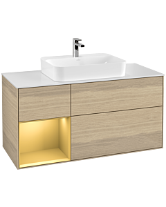 Villeroy und Boch Finion Waschtischunterschrank F411HFPC 120cm, Abdeckplatte white matt, Regal links Gold matt, Oak Veneer