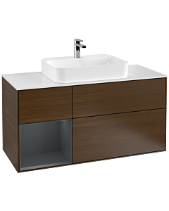 Villeroy und Boch Finion Waschtischunterschrank F411HGGN 120cm, Abdeckplatte white matt, Regal links Midnight Blue Matt Lacquer, Walnut veneer