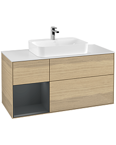 Villeroy und Boch Finion Villeroy und Boch F411HGPC 120cm, plaque de finition blanc mat, étagère gauche Midnight Blue Matt Lacquer , Oak Veneer