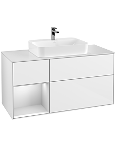 Villeroy und Boch Finion Waschtischunterschrank F411MTGF 120cm, Abdeckplatte white matt, Regal links White matt lacquer, Glossy white lacquer