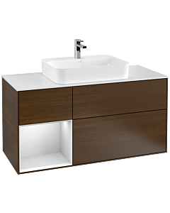 Villeroy und Boch Finion Waschtischunterschrank F411MTGN 120cm, Abdeckplatte white matt, Regal links White matt lacquer, Walnut veneer