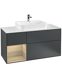 Villeroy und Boch Finion Waschtischunterschrank F411PCHG 120cm, Abdeckplatte white matt, Regal links Oak Veneer, Midnight Blue Matt Lacquer