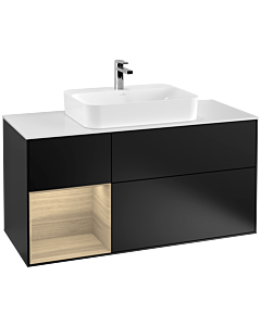 Villeroy und Boch Finion Waschtischunterschrank F411PCPD 120cm, Abdeckplatte white matt, Regal links Oak Veneer, Black matt lacquer