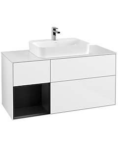 Villeroy und Boch Finion Waschtischunterschrank F411PDGF 120cm, Abdeckplatte white matt, Regal links Black matt lacquer, Glossy white lacquer