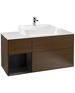 Villeroy und Boch Finion Villeroy und Boch F411PDGN 120cm, plaque de recouvrement blanc mat, étagère gauche laqué noir mat, placage noyer