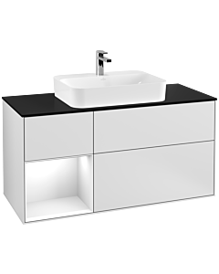 Villeroy und Boch Finion Waschtischunterschrank F412GFMT 120cm, Abdeckplatte black matt, Regal links Glossy white lacquer, White matt lacquer