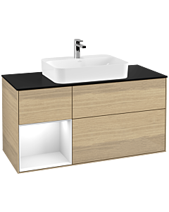 Villeroy und Boch Finion Waschtischunterschrank F412GFPC 120cm, Abdeckplatte black matt, Regal links Glossy white lacquer, Oak Veneer