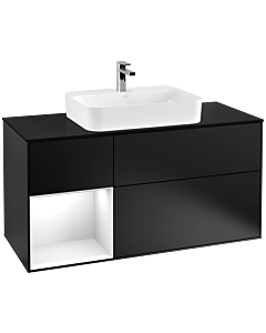 Villeroy und Boch Finion Waschtischunterschrank F412GFPD 120cm, Abdeckplatte black matt, Regal links Glossy white lacquer, Black matt lacquer